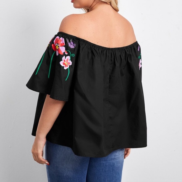 Plus Black Floral Off Shoulder Summer Blouse - Picture 3 of 5